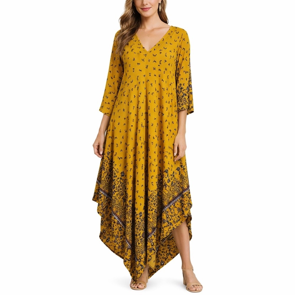 Asymmetric Shift Dress Womens Large Yellow Floral Boho Paisley Mumu Festival